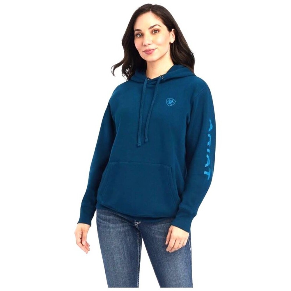 Ariat Hoodie Womens REAL Blue Pullover Pockets Drawstring Fleece Arm Logo Size M
